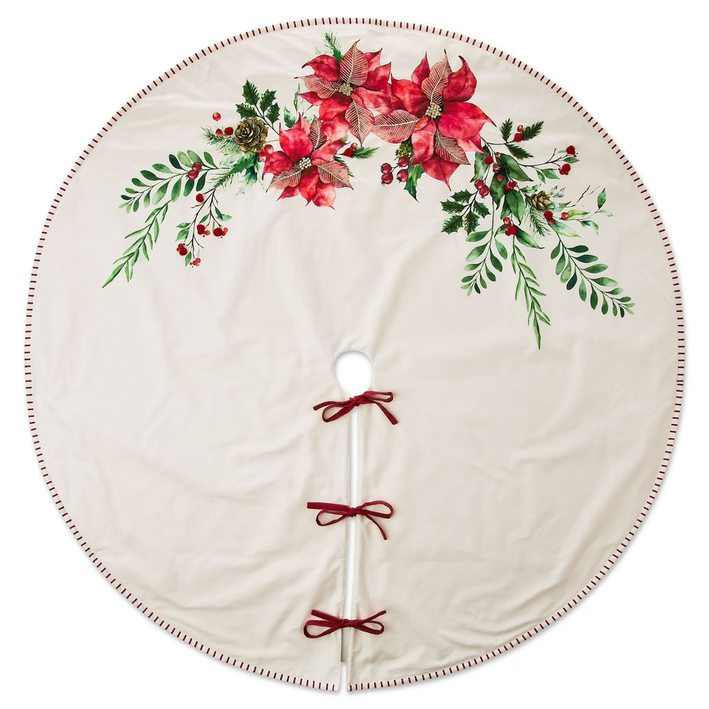 Holiday Time Velvet Embroidered Poinsettia Christmas Tree Skirt, Off-White, 54"
